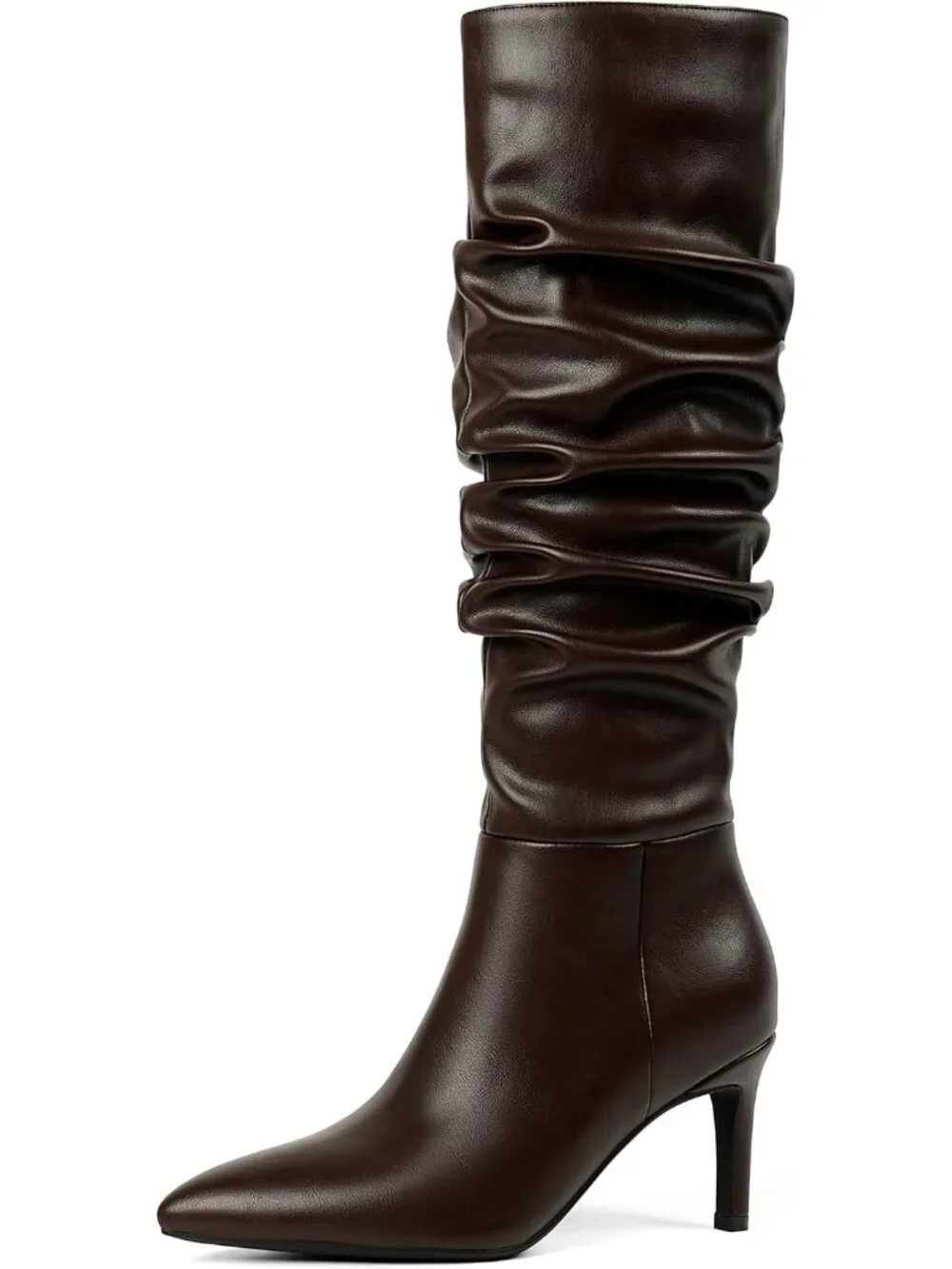 Women Slouchy Chocolate Pointed Toe Faux Leather StilettoHeel Over The Knee Boot